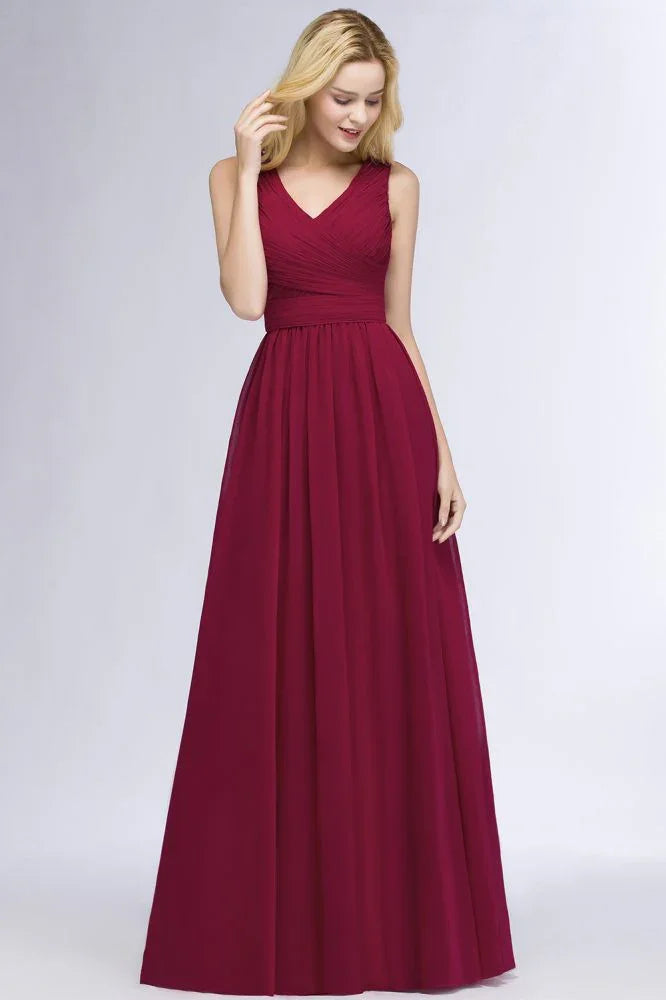 Vestidos de Dama de Honra em Chiffon com Folhos, Sem Mangas, Corte em A, Decote em V, Comprimento até ao Chão, Vestido de Festa
