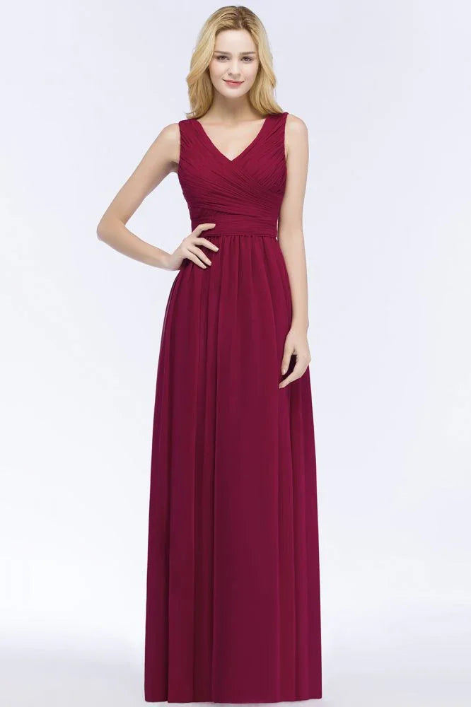 Vestidos de Dama de Honra em Chiffon com Folhos, Sem Mangas, Corte em A, Decote em V, Comprimento até ao Chão, Vestido de Festa