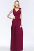 Vestidos de Dama de Honra em Chiffon com Folhos, Sem Mangas, Corte em A, Decote em V, Comprimento até ao Chão, Vestido de Festa