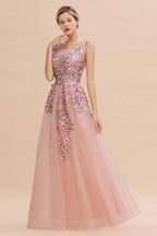 Robe de soirée longue rose poussiéreux sans manches, coupe trapèze, tulle avec appliques en dentelle, robe de fête