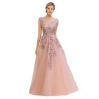 Robe de soirée longue rose poussiéreux sans manches, coupe trapèze, tulle avec appliques en dentelle, robe de fête