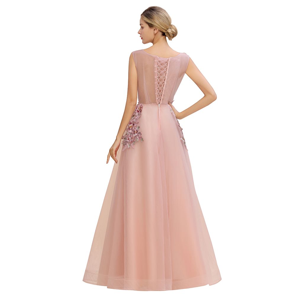 Robe de soirée longue rose poussiéreux sans manches, coupe trapèze, tulle avec appliques en dentelle, robe de fête