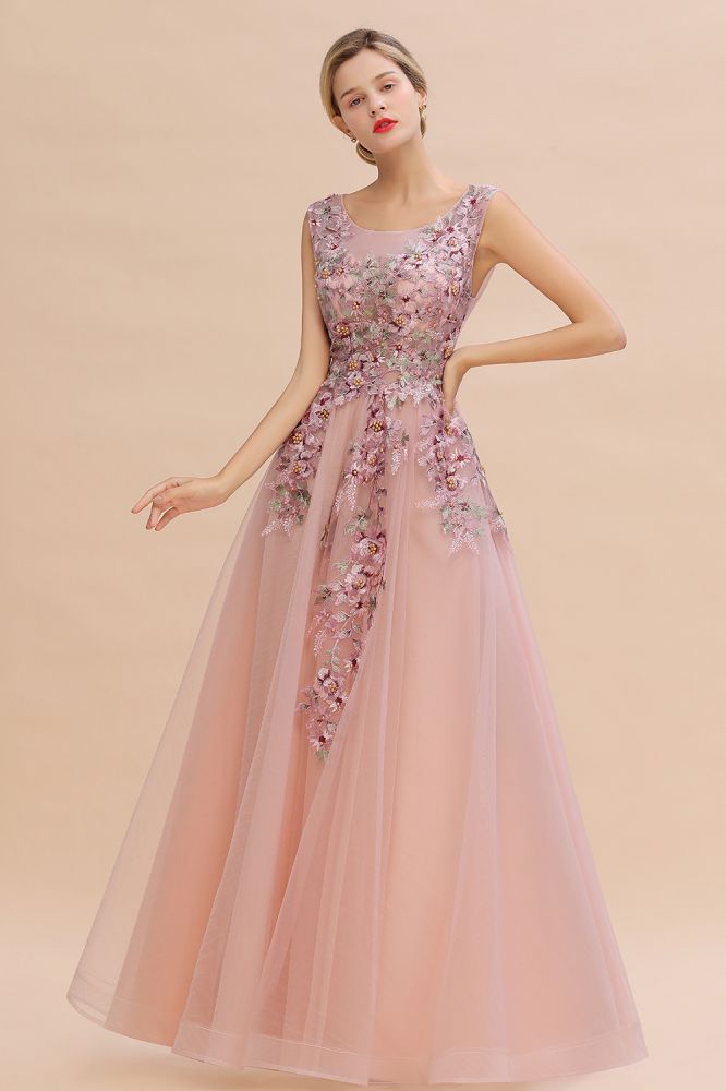Robe de soirée longue rose poussiéreux sans manches, coupe trapèze, tulle avec appliques en dentelle, robe de fête