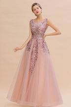 Robe de soirée longue rose poussiéreux sans manches, coupe trapèze, tulle avec appliques en dentelle, robe de fête