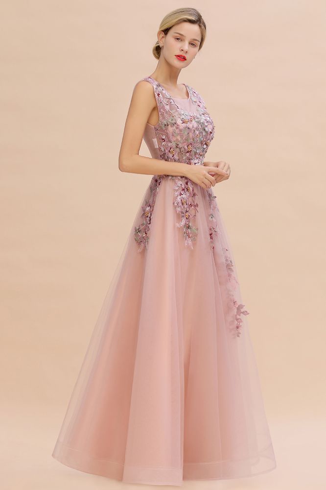 Robe de soirée longue rose poussiéreux sans manches, coupe trapèze, tulle avec appliques en dentelle, robe de fête