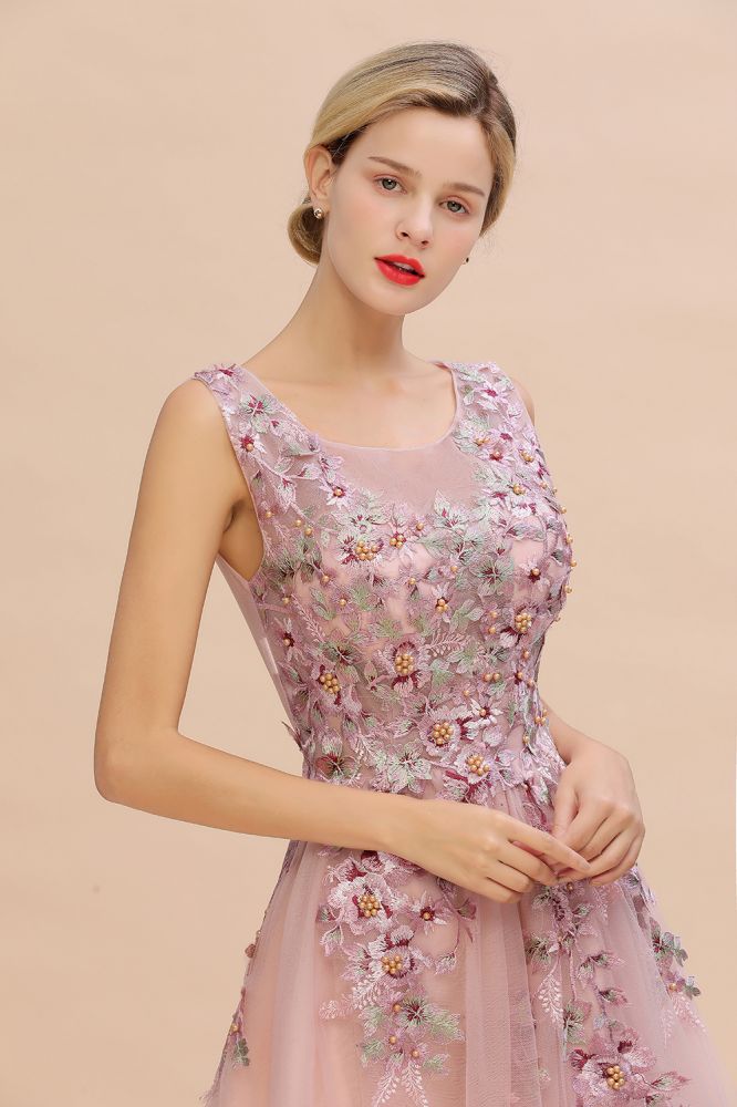 Robe de soirée longue rose poussiéreux sans manches, coupe trapèze, tulle avec appliques en dentelle, robe de fête