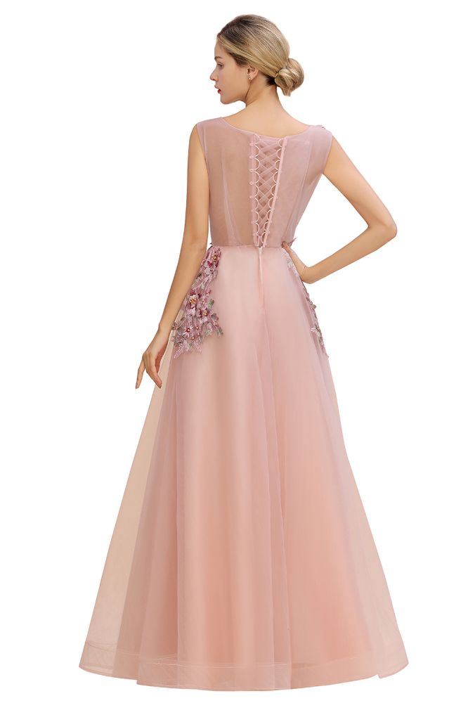 Robe de soirée longue rose poussiéreux sans manches, coupe trapèze, tulle avec appliques en dentelle, robe de fête