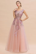 Robe de soirée longue rose poussiéreux sans manches, coupe trapèze, tulle avec appliques en dentelle, robe de fête