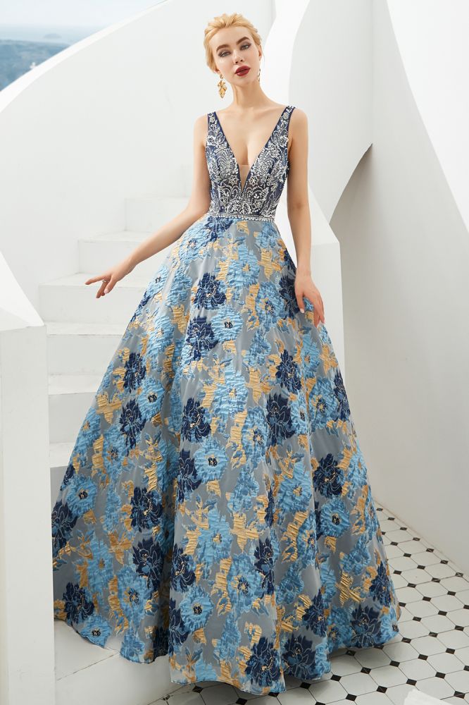Vestido de noite sem mangas em linha A, decote em V, com flor, comprimento até ao chão, para baile de finalistas