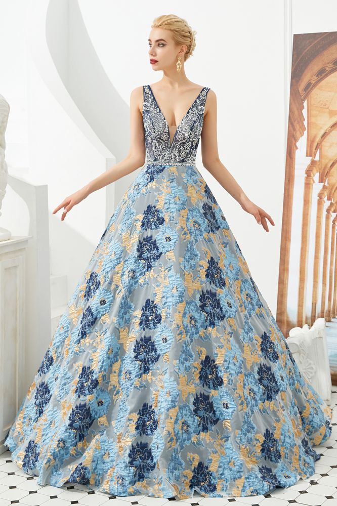 Vestido de noite sem mangas em linha A, decote em V, com flor, comprimento até ao chão, para baile de finalistas