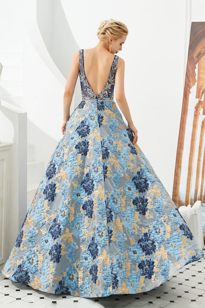 Vestido de noite sem mangas em linha A, decote em V, com flor, comprimento até ao chão, para baile de finalistas