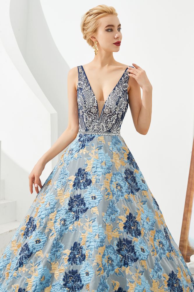 Vestido de noite sem mangas em linha A, decote em V, com flor, comprimento até ao chão, para baile de finalistas