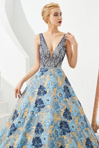 Vestido de noite sem mangas em linha A, decote em V, com flor, comprimento até ao chão, para baile de finalistas