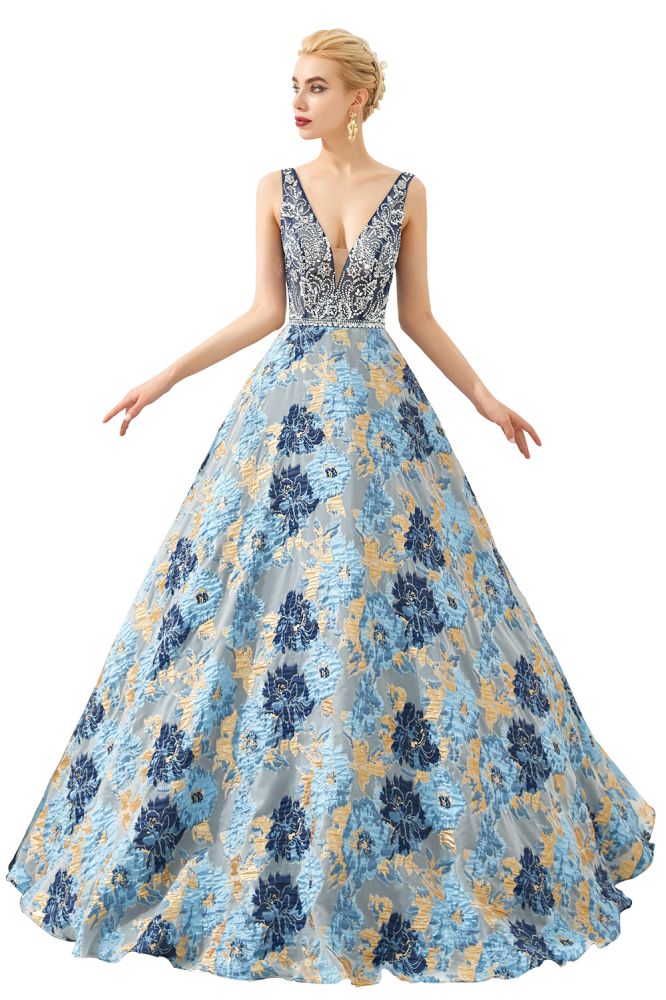Vestido de noite sem mangas em linha A, decote em V, com flor, comprimento até ao chão, para baile de finalistas