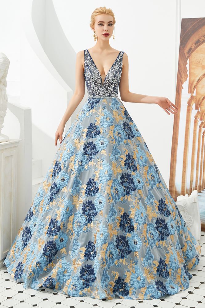 Vestido de noite sem mangas em linha A, decote em V, com flor, comprimento até ao chão, para baile de finalistas