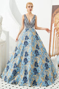 Vestido de noite sem mangas em linha A, decote em V, com flor, comprimento até ao chão, para baile de finalistas