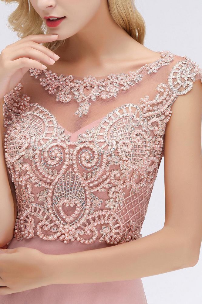 Robe de soirée longue au sol sans manches, coupe trapèze, col rond, ornée de perles, robe de fête