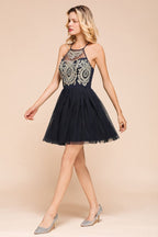 Vestido de regresso a casa em tule com apliques sem mangas Vestido curto de baile de finalistas