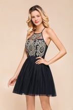 Vestido de regresso a casa em tule com apliques sem mangas Vestido curto de baile de finalistas