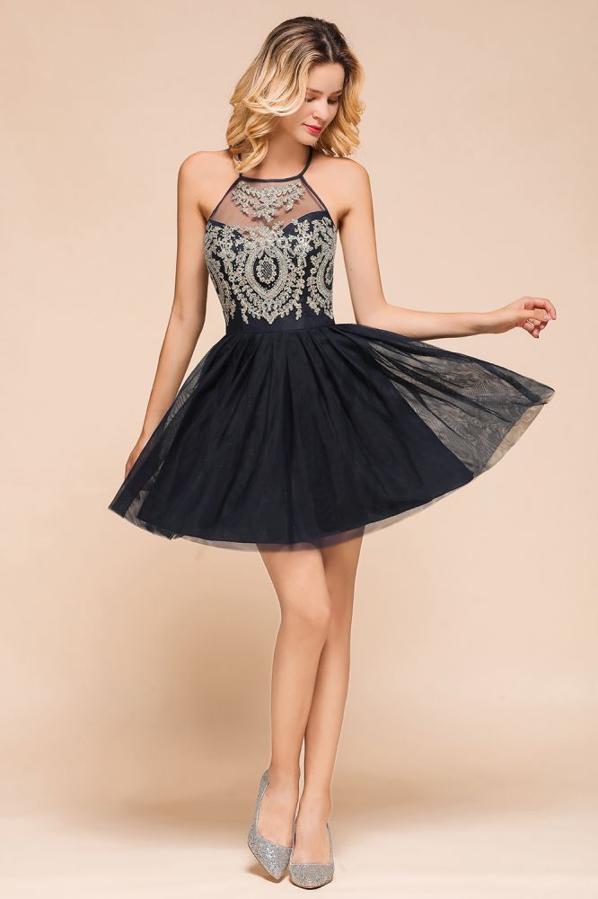 Vestido de regresso a casa em tule com apliques sem mangas Vestido curto de baile de finalistas