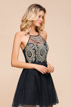 Vestido de regresso a casa em tule com apliques sem mangas Vestido curto de baile de finalistas
