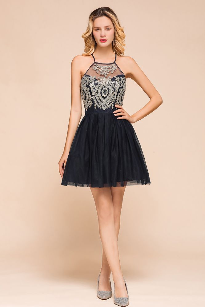 Vestido de regresso a casa em tule com apliques sem mangas Vestido curto de baile de finalistas