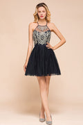 Vestido de regresso a casa em tule com apliques sem mangas Vestido curto de baile de finalistas