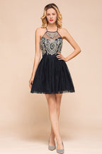 Vestido de regresso a casa em tule com apliques sem mangas Vestido curto de baile de finalistas
