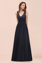Ärmelloses schwarzes Abend-Maxikleid in A-Linie aus Chiffon, Brautjungfernkleid, festliches Kleid