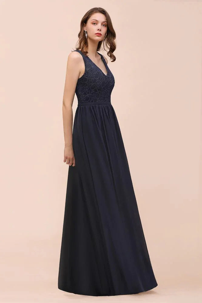 Ärmelloses schwarzes Abend-Maxikleid in A-Linie aus Chiffon, Brautjungfernkleid, festliches Kleid