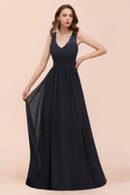 Ärmelloses schwarzes Abend-Maxikleid in A-Linie aus Chiffon, Brautjungfernkleid, festliches Kleid