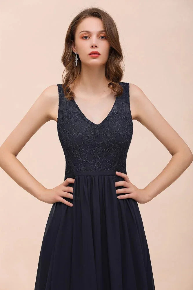 Ärmelloses schwarzes Abend-Maxikleid in A-Linie aus Chiffon, Brautjungfernkleid, festliches Kleid