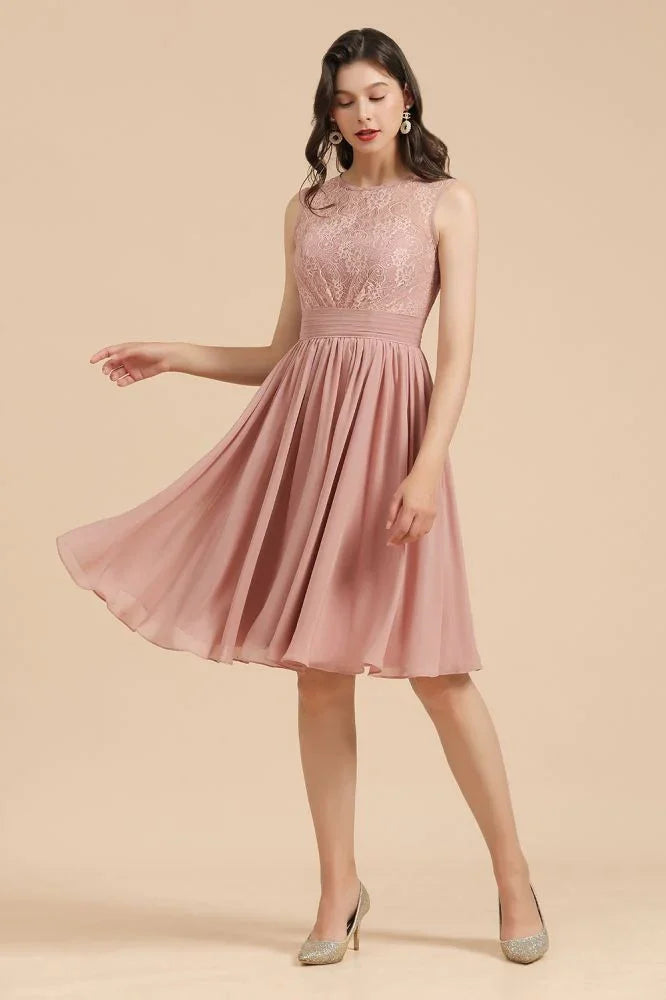 Sleeveless Crew neck Lace Chiffon Party Dress Mini Bridesmaid Dress