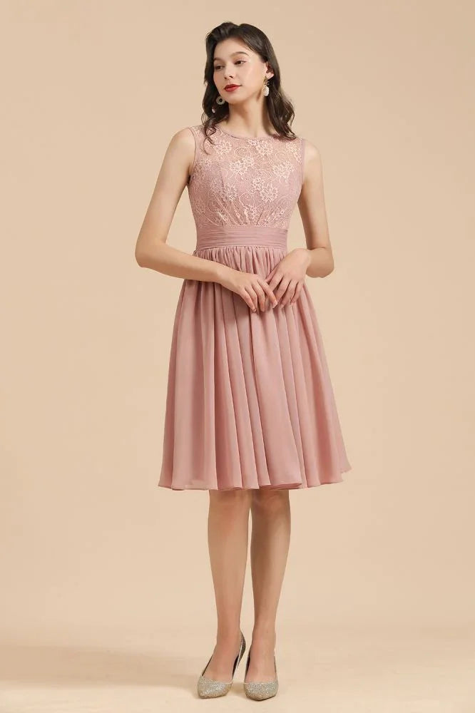 Sleeveless Crew neck Lace Chiffon Party Dress Mini Bridesmaid Dress