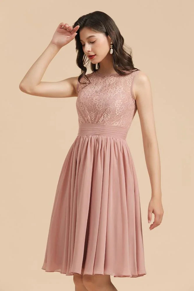 Sleeveless Crew neck Lace Chiffon Party Dress Mini Bridesmaid Dress
