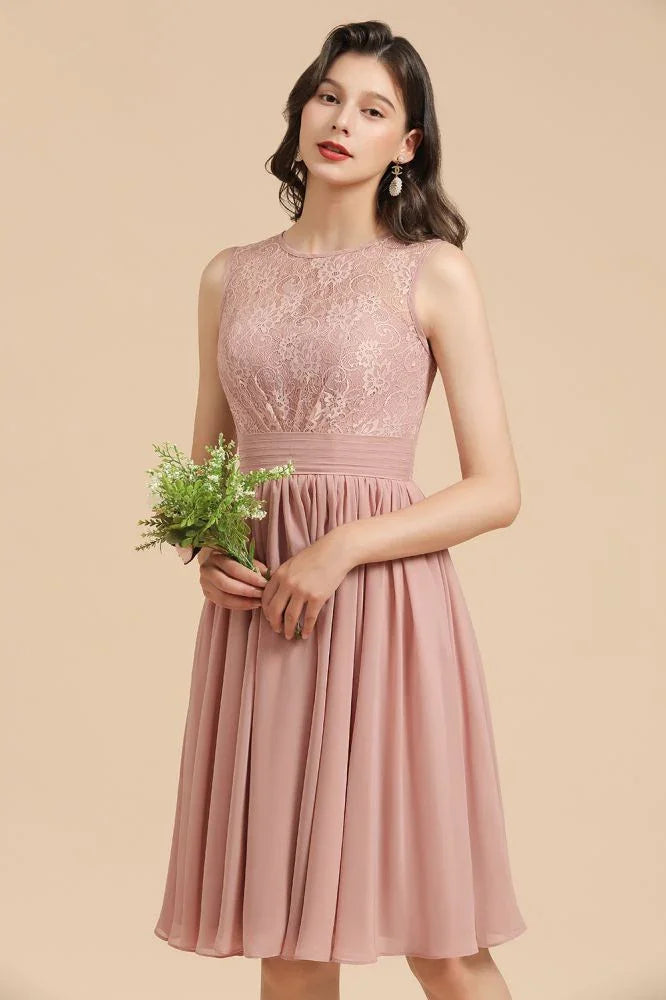 Sleeveless Crew neck Lace Chiffon Party Dress Mini Bridesmaid Dress
