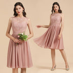 Sleeveless Crew neck Lace Chiffon Party Dress Mini Bridesmaid Dress