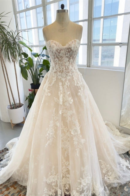 Vestido de Noiva Comprido até ao Chão, Sem Mangas, de Jardim, Sem Alças, em Tule e Renda com Apliques