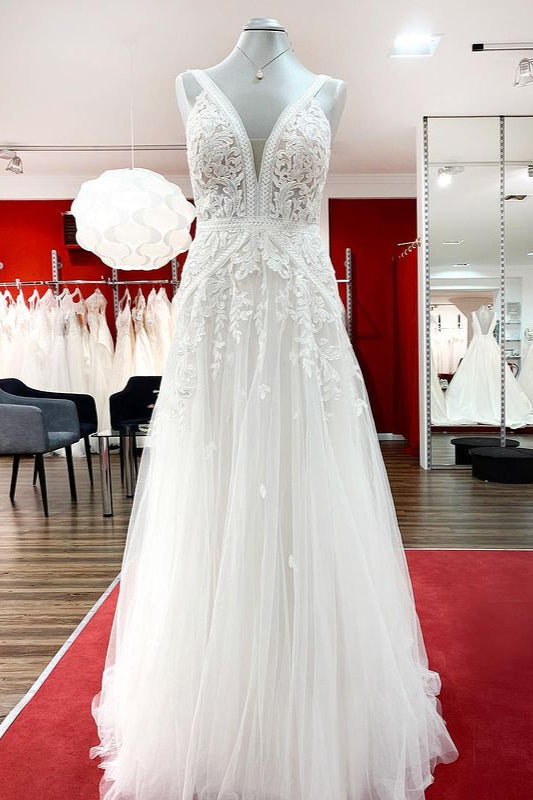 Apliques de renda marfim sem mangas uma linha vestido de casamento de igreja com sutiã embutido