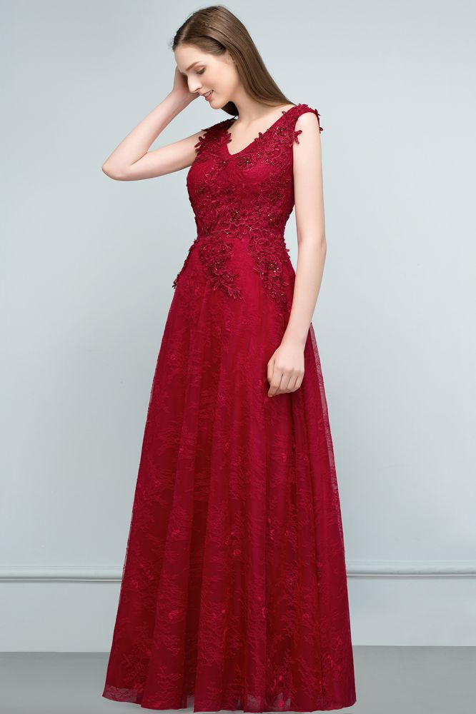 Ärmelloses A-Linien-Ballkleid mit Spitzenapplikationen und V-Ausschnitt und Kristallen