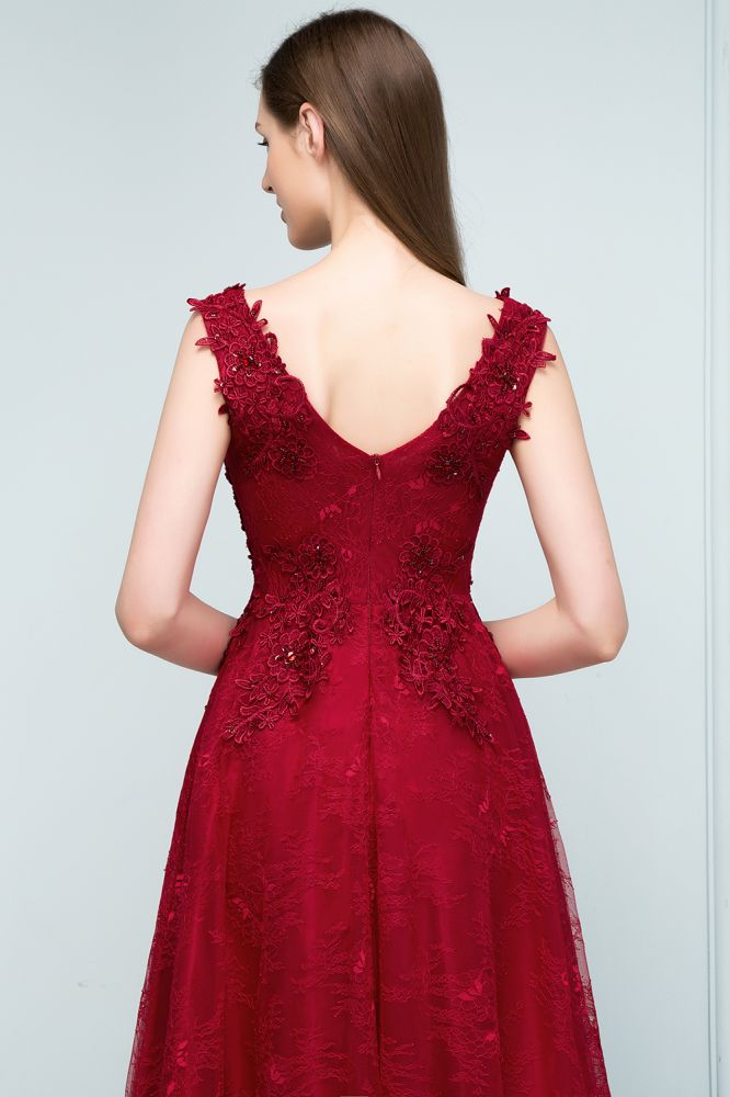 Sleeveless Lace Appliques A-line V-neck Long Prom Dresses with Crystals