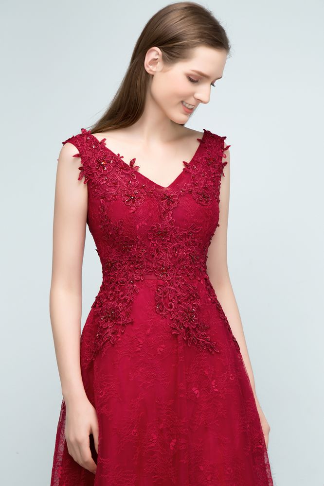 Sleeveless Lace Appliques A-line V-neck Long Prom Dresses with Crystals