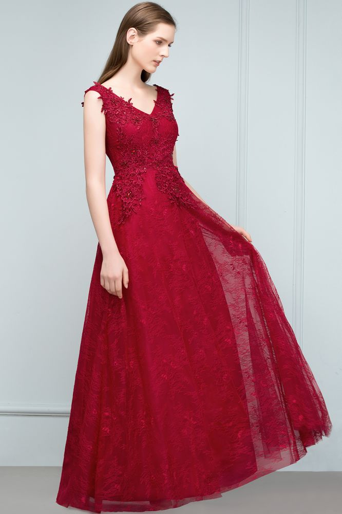 Sleeveless Lace Appliques A-line V-neck Long Prom Dresses with Crystals