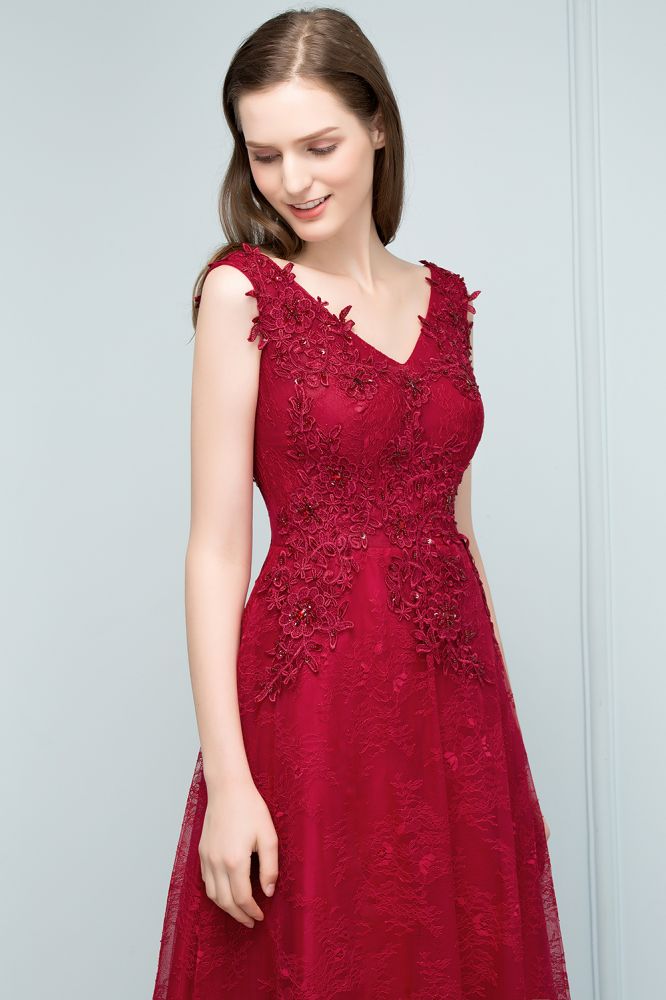 Sleeveless Lace Appliques A-line V-neck Long Prom Dresses with Crystals