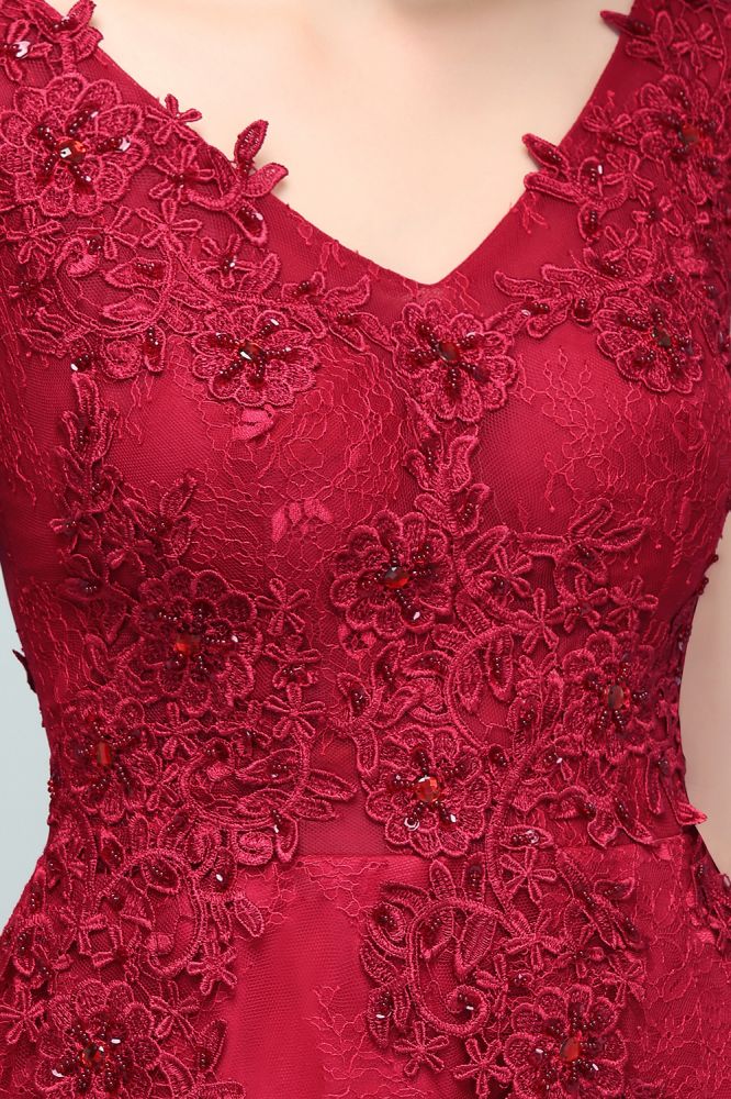 Sleeveless Lace Appliques A-line V-neck Long Prom Dresses with Crystals