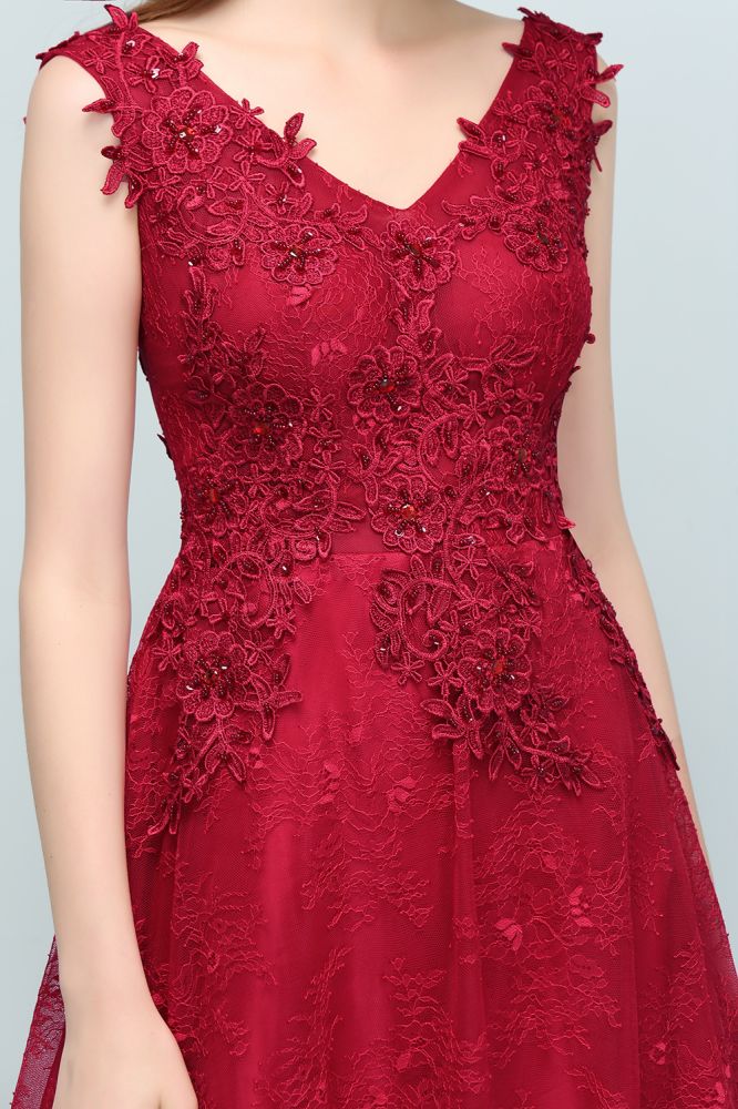 Sleeveless Lace Appliques A-line V-neck Long Prom Dresses with Crystals