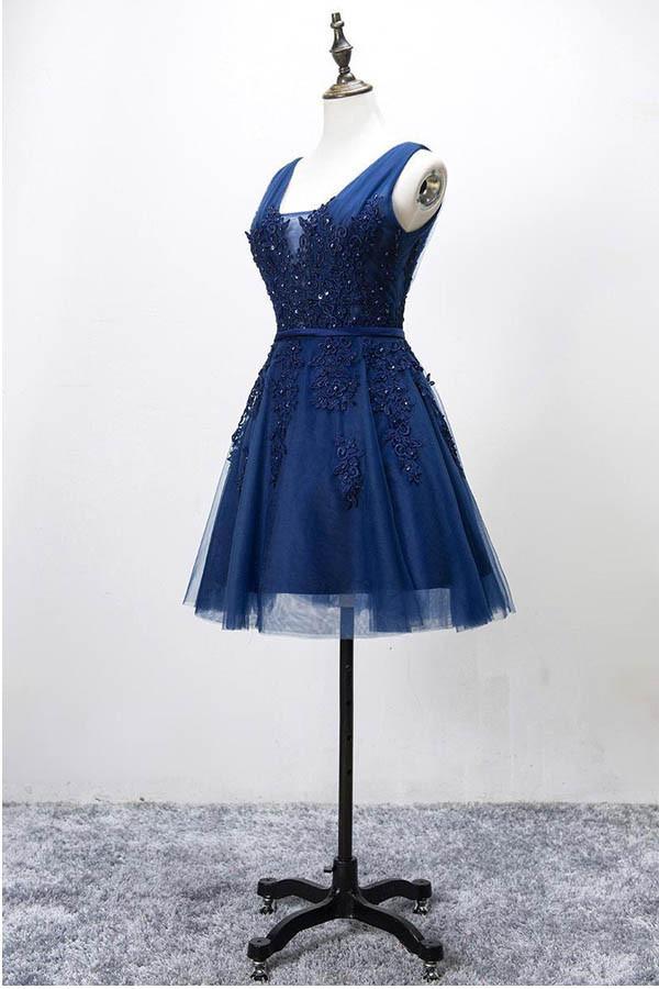 Robe courte de bal d'accueil en tulle sans manches à lacets avec appliques en dentelle