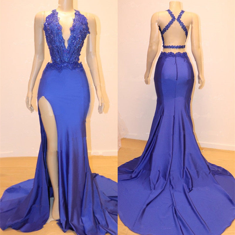 Vestido de Baile Sem Mangas Sereia com Fenda e Aplicações de Renda