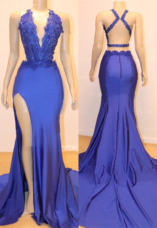 Vestido de Baile Sem Mangas Sereia com Fenda e Aplicações de Renda