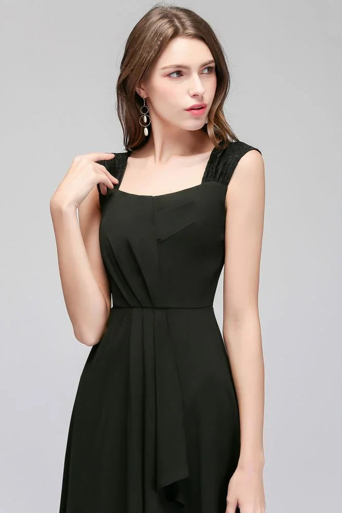 Vestidos de Dama de Honra Pretos em Chiffon com Folhos e Sem Mangas